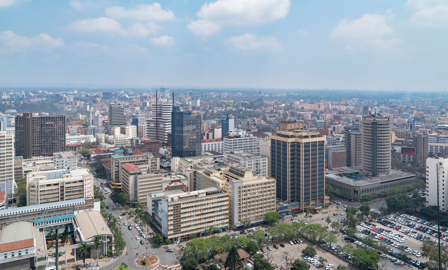 Nairobi city skyline and luxury hotel arrival